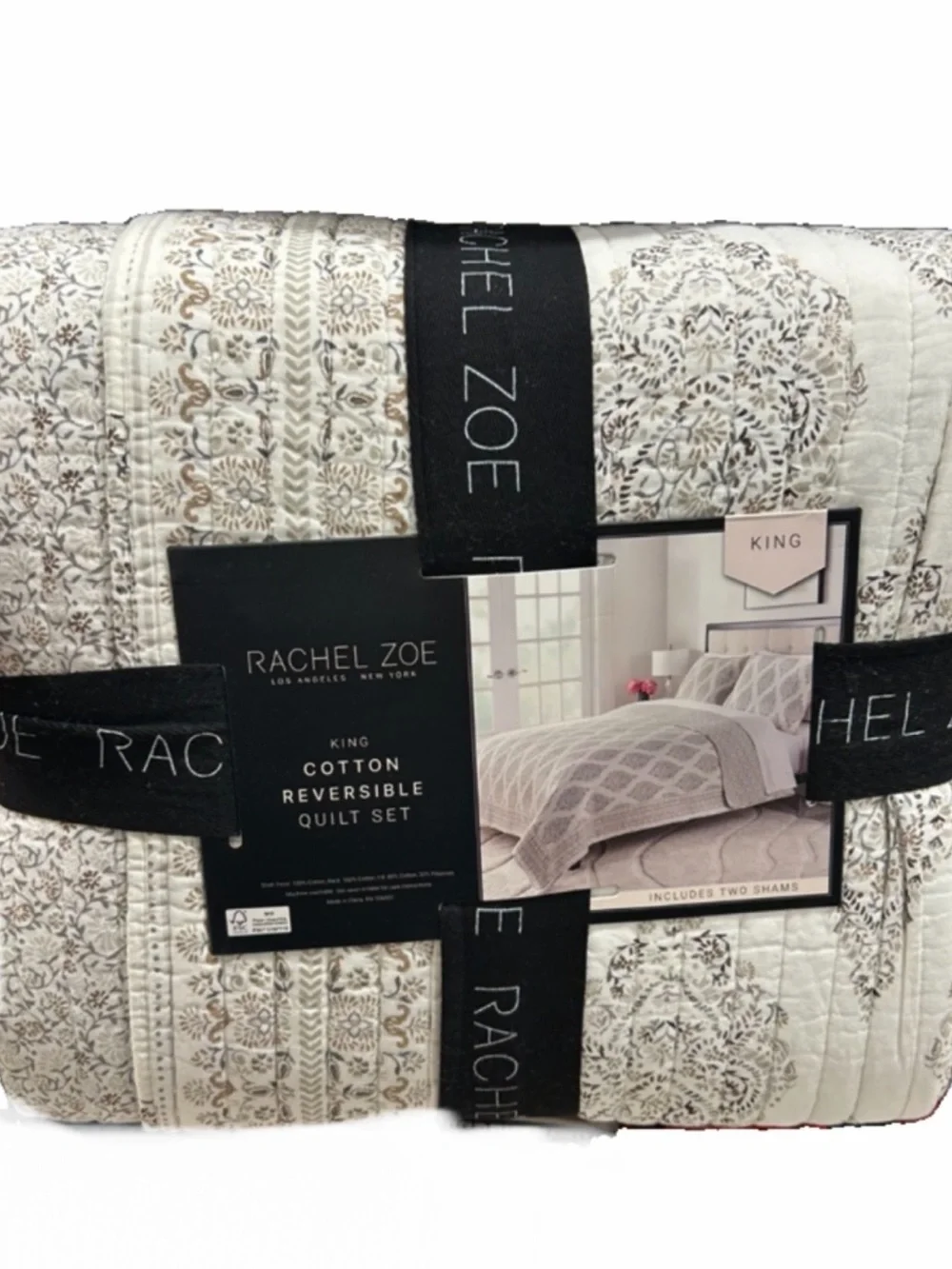 Rachel Zoe Brown, White and Gray King Cotton Reversible Quilt Set 106”x92”